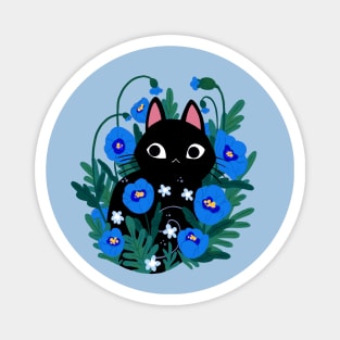 Black Cat in blue flowers Magnet